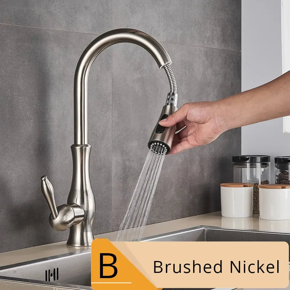 Brushed nickel kitchen faucet with pull down sprayer