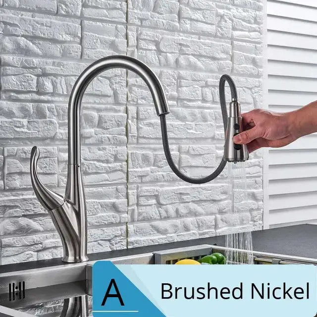 Brushed nickel kitchen faucet with pull down sprayer