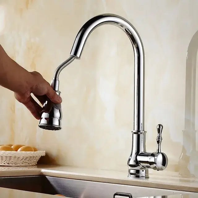 Brushed nickel pull out kitchen faucet stainless steel curved spout