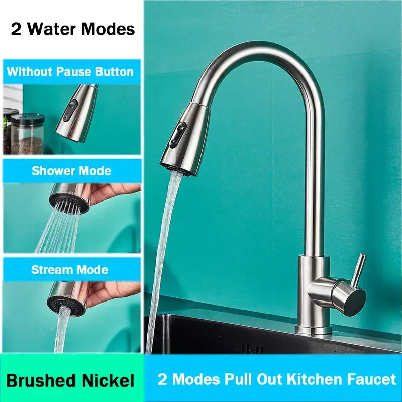 Brushed nickel pull out kitchen faucet with arched spray head