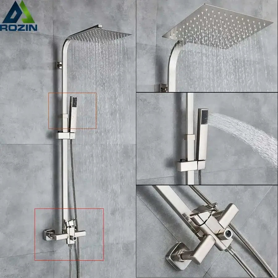 Brushed nickel rain shower system with handheld spray for bathroom