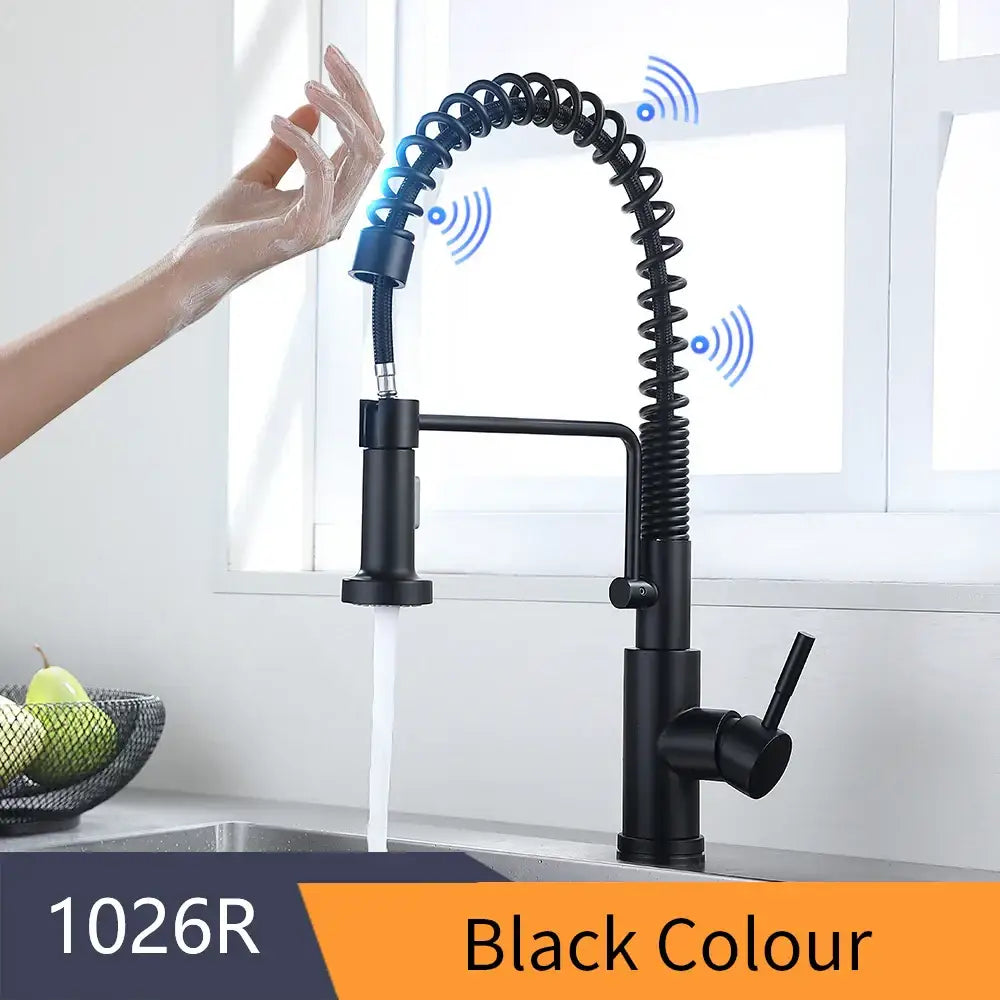 Brushed nickel sensor kitchen faucet with flexible pull down spray