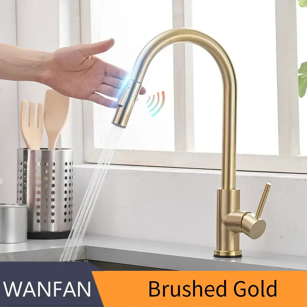Brushed nickel sensor kitchen faucet with flexible pull down spray