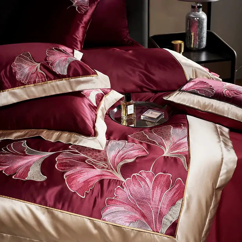 Burgundy & gold ginkgo biloba egyptian cotton bedding set bedroom