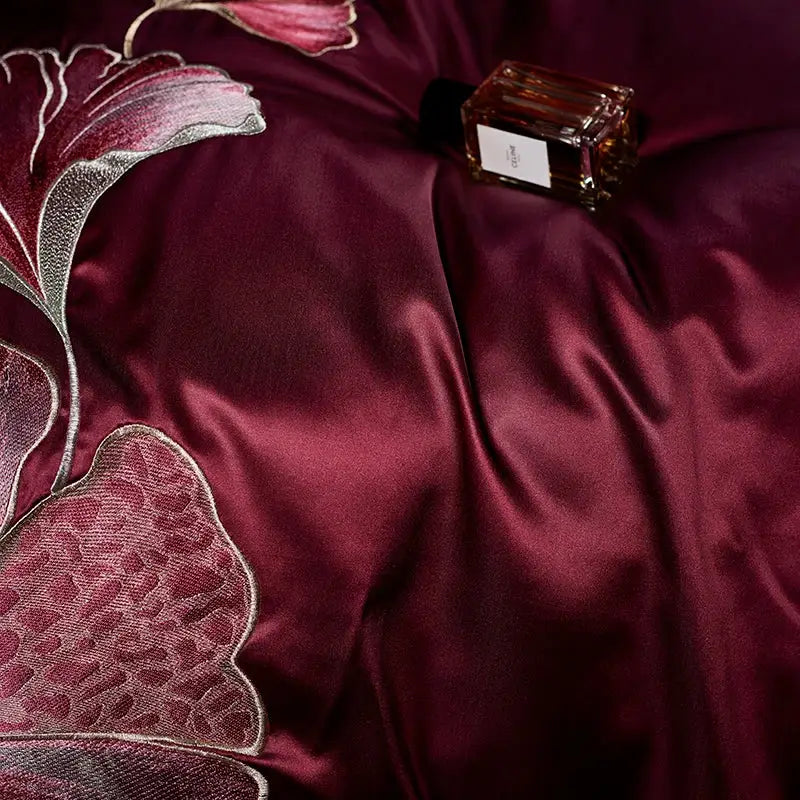 Burgundy & gold ginkgo biloba egyptian cotton bedding set bedroom