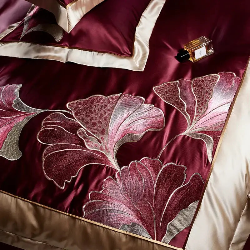 Burgundy & gold ginkgo biloba egyptian cotton bedding set bedroom