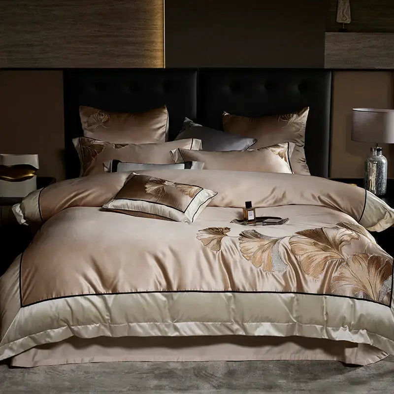 Burgundy & gold ginkgo biloba egyptian cotton bedding set bedroom