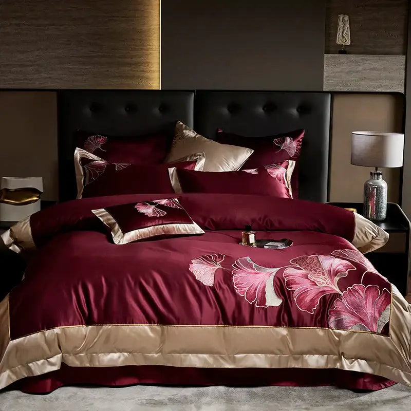 Burgundy & gold ginkgo biloba egyptian cotton bedding set bedroom