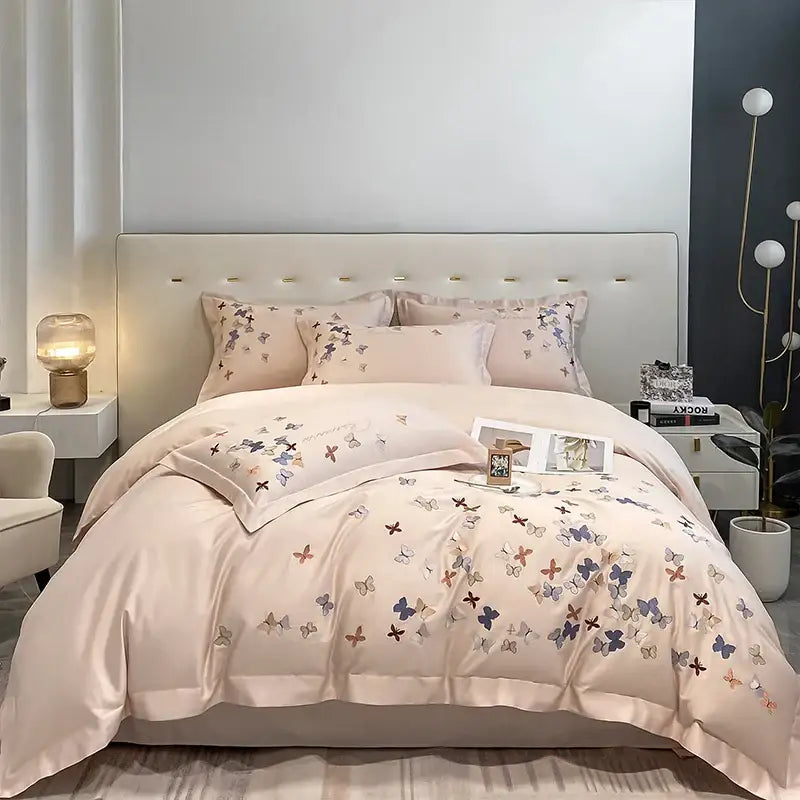 Butterfly embroidery white cotton bedding set – bedroom decor