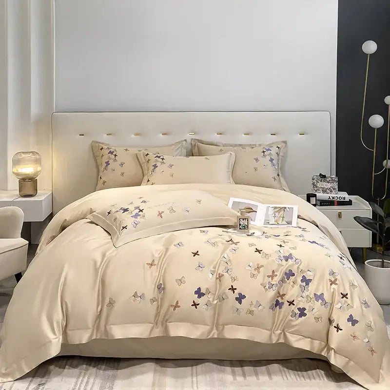 Butterfly embroidery white cotton bedding set – bedroom decor