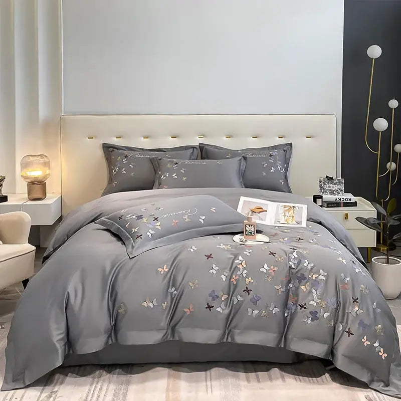 Butterfly embroidery white cotton bedding set – bedroom decor