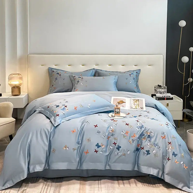Butterfly embroidery white cotton bedding set – bedroom decor