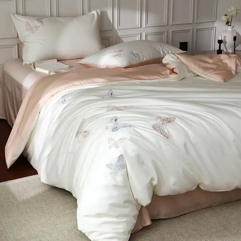 Butterfly embroidery white lyocell cotton bedding set bedroom sheets
