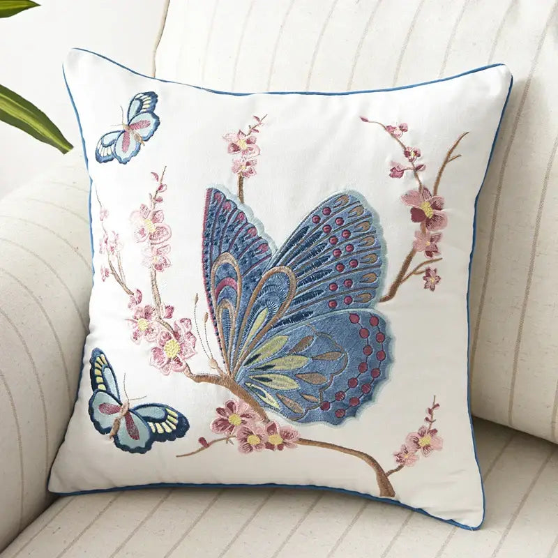 Butterfly floral cotton pillow cover bedroom embroidered decor