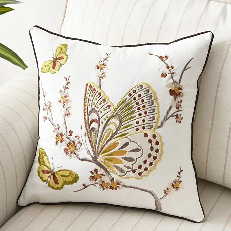 Butterfly floral cotton pillow cover bedroom embroidered decor