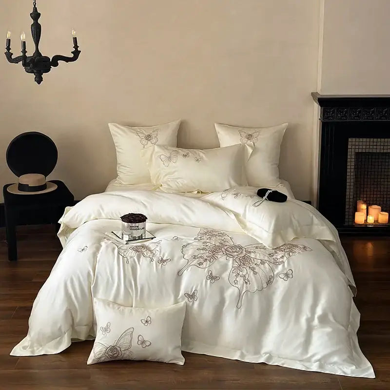 Butterfly flowers embroidery cream satin bedding set bedroom