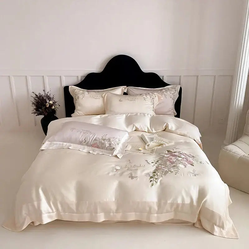 Butterfly flowers embroidery cream satin bedding set bedroom decor