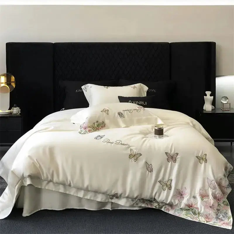Butterfly flowers embroidery cream satin bedding set bedroom duvet cover