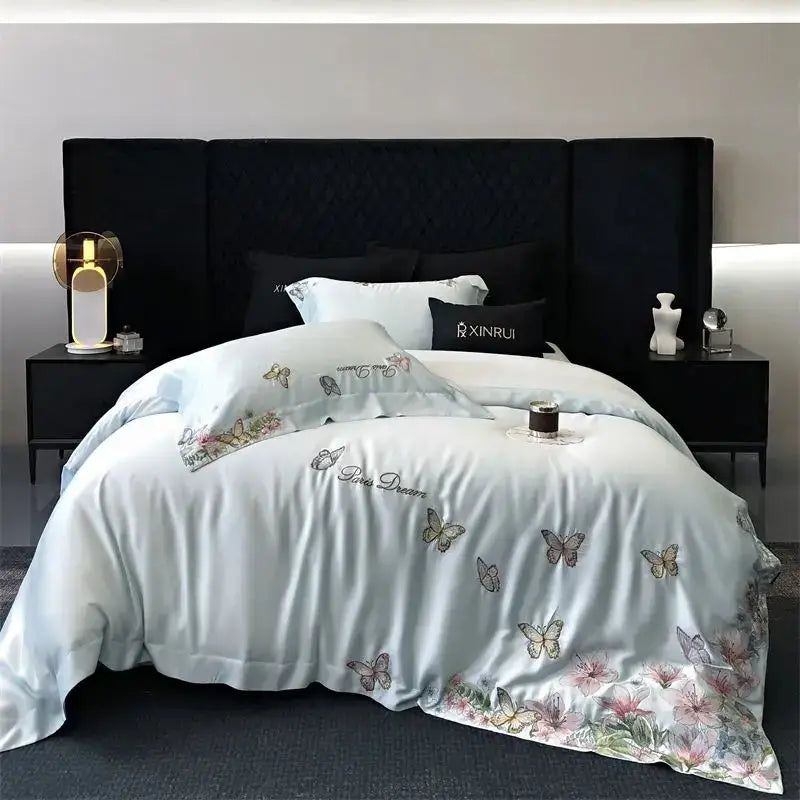 Butterfly flowers embroidery cream satin bedding set bedroom duvet cover
