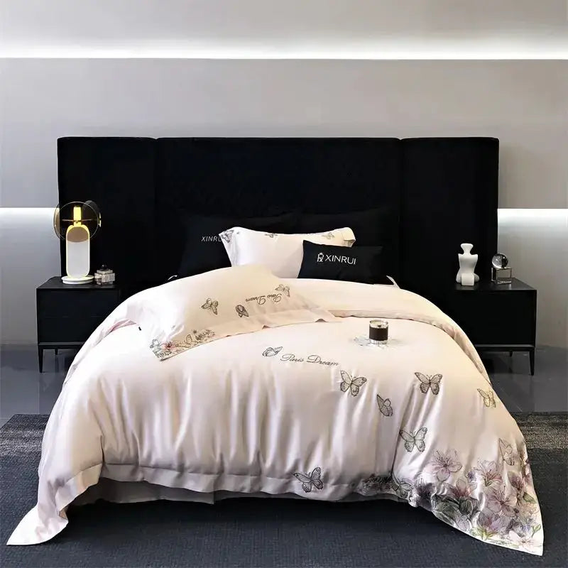 Butterfly flowers embroidery cream satin bedding set bedroom duvet cover