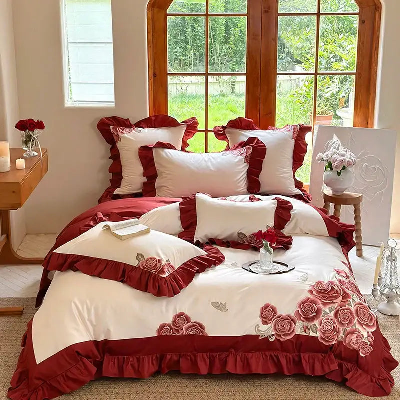 Butterfly flowers embroidery pink satin bedding set bedroom ruffles