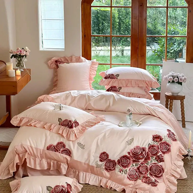 Butterfly flowers embroidery pink satin bedding set bedroom ruffles