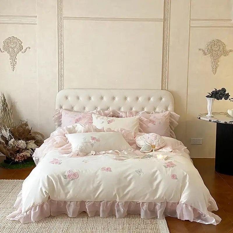 Butterfly flowers lace ruffles ivory & pink bedding set bedroom duvet