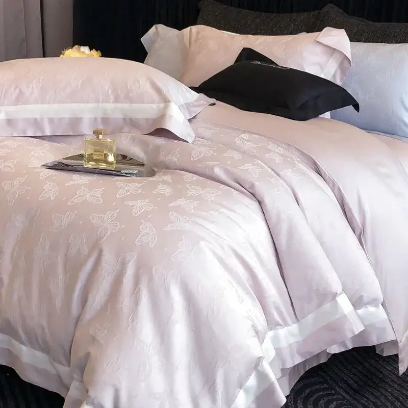 Butterfly jacquard bedding set – light blue & white bedroom duvet cover