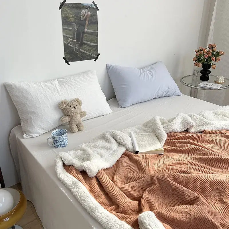 Camellia jacquard lamb wool mint & white cozy blanket bedroom quilt