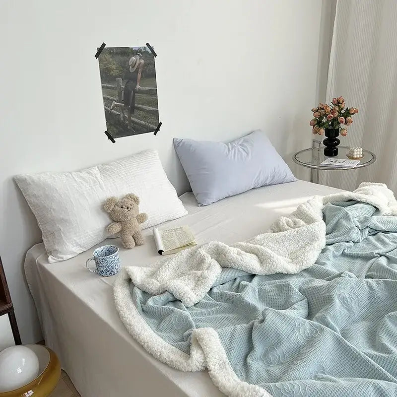 Camellia jacquard lamb wool mint & white cozy blanket bedroom quilt