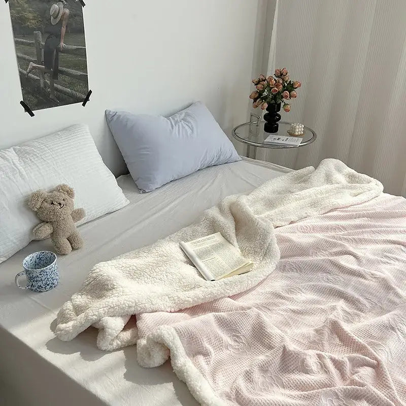 Camellia jacquard lamb wool mint & white cozy blanket bedroom quilt