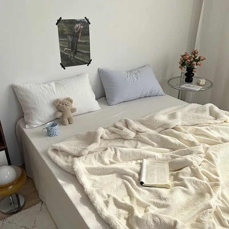 Camellia jacquard lamb wool mint & white cozy blanket bedroom quilt