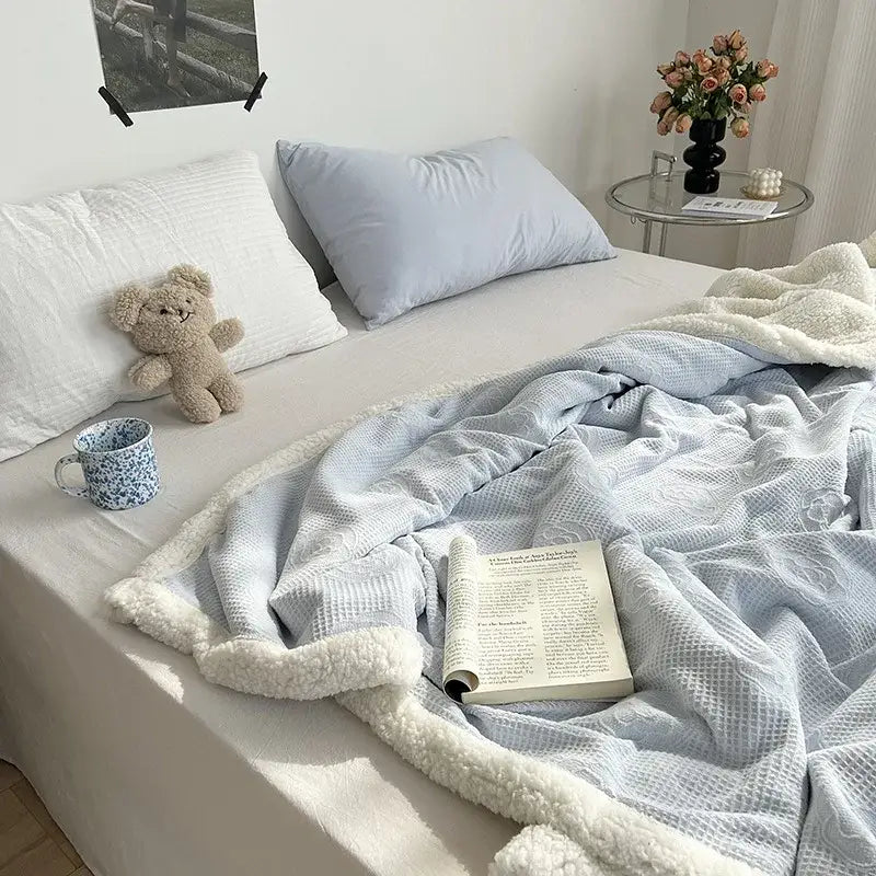 Camellia jacquard lamb wool mint & white cozy blanket bedroom quilt