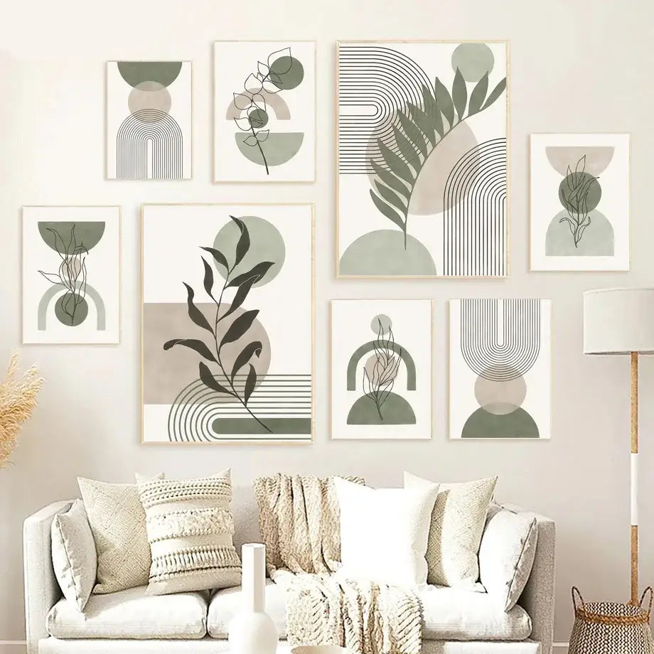 Abstract geometric leaves vintage boho canvas art bedroom wall decor