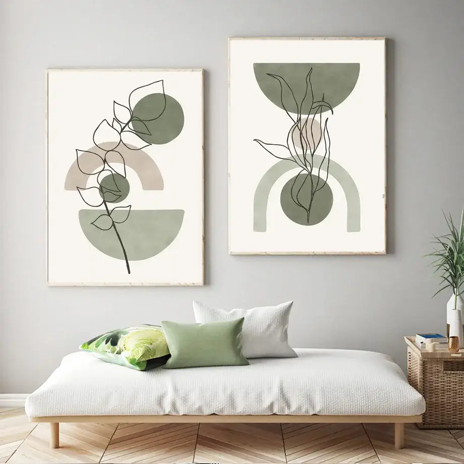 Abstract geometric leaves vintage boho canvas art bedroom wall decor