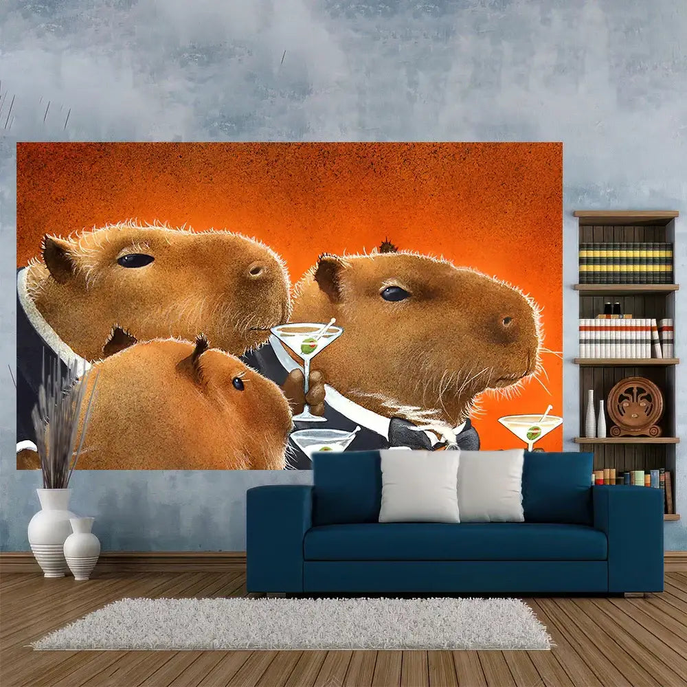 Capybara club humor orange martini tapestry bedroom wall decor