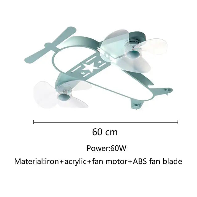 Cartoon aircraft ceiling fan blue & yellow light for bedroom