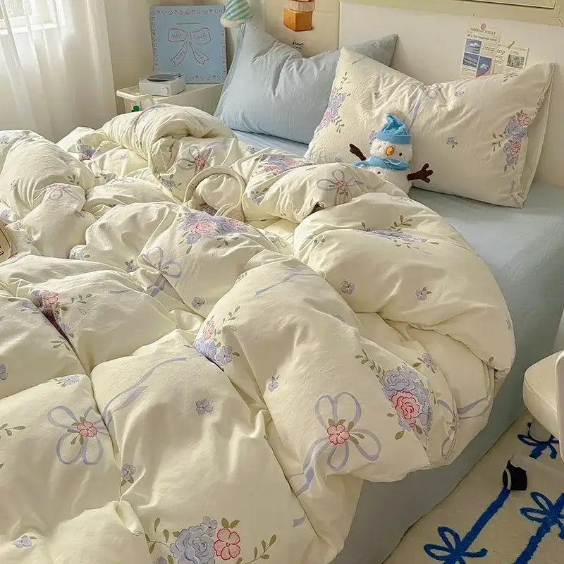 Cartoon animal cream satin quilt cover set bedroom bedding