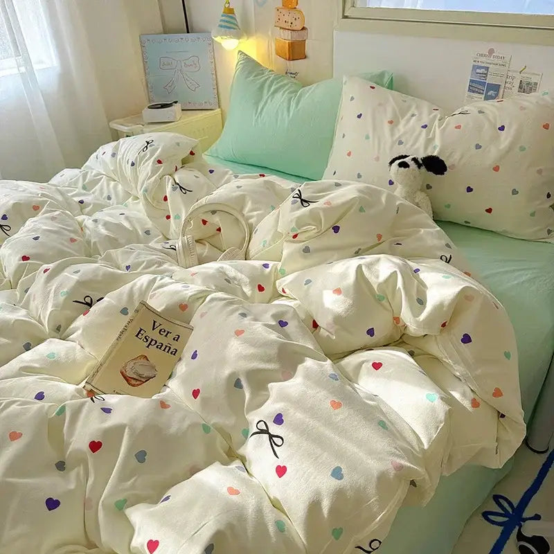 Cartoon animal cream satin quilt cover set bedroom bedding