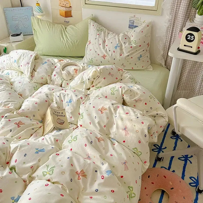 Cartoon animal cream satin quilt cover set bedroom bedding