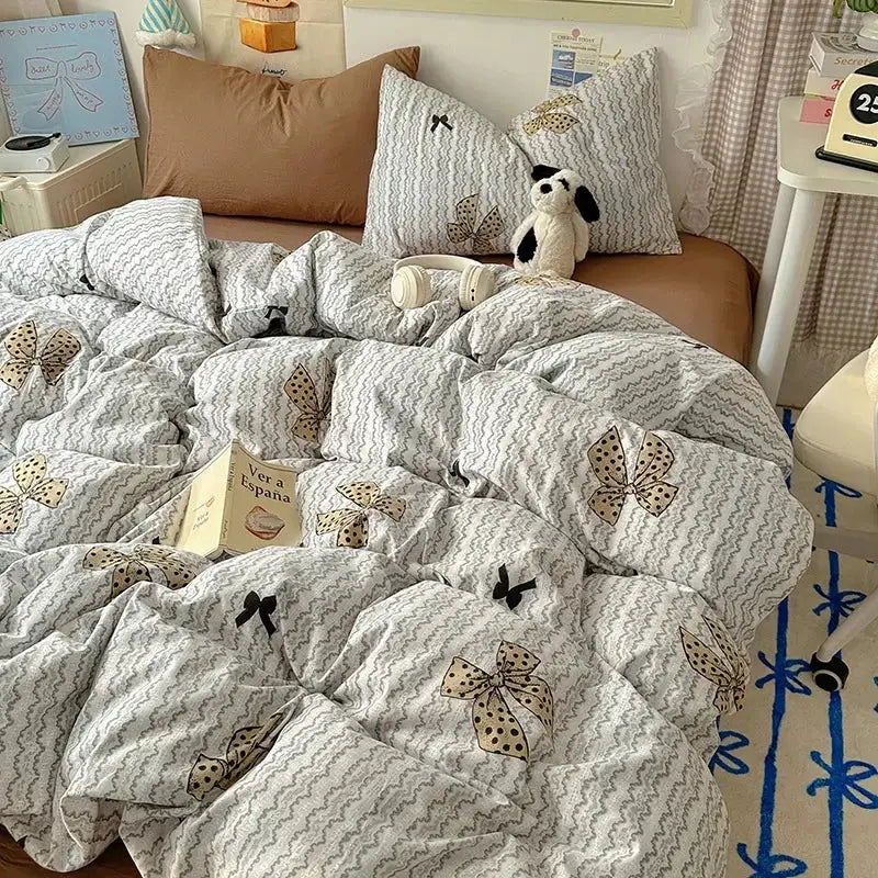 Cartoon animal cream satin quilt cover set bedroom bedding