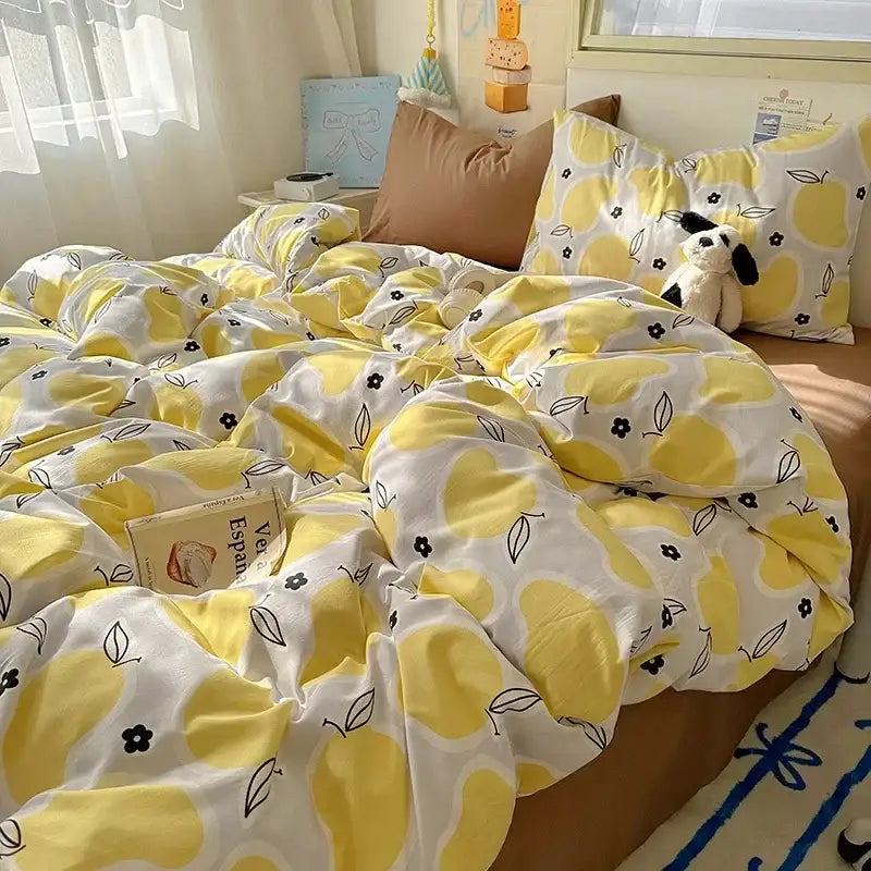 Cartoon animal cream satin quilt cover set bedroom bedding