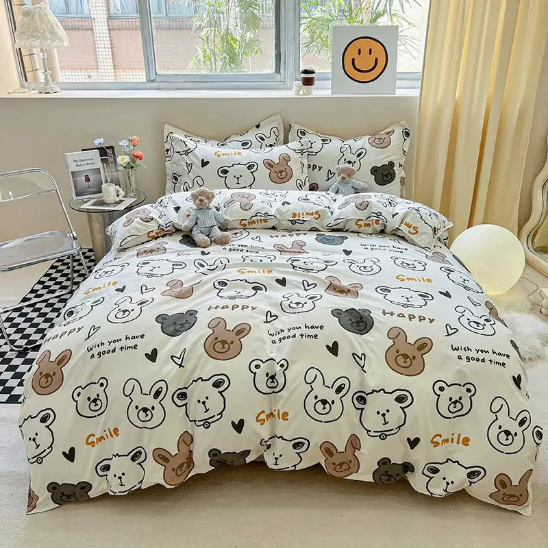 Cartoon animal print gray bedding set bedroom duvet cover and sheet