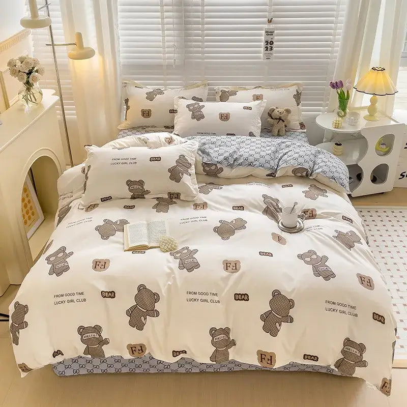 Cartoon animal print gray bedding set bedroom duvet cover and sheet