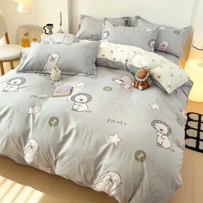 Cartoon animal print gray bedding set bedroom duvet cover and sheet