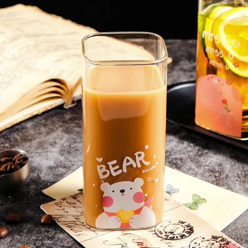 Cartoon bear pattern colorful glass coffee mug dining room tumbler