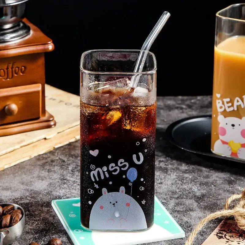 Cartoon bear pattern colorful glass coffee mug dining room tumbler