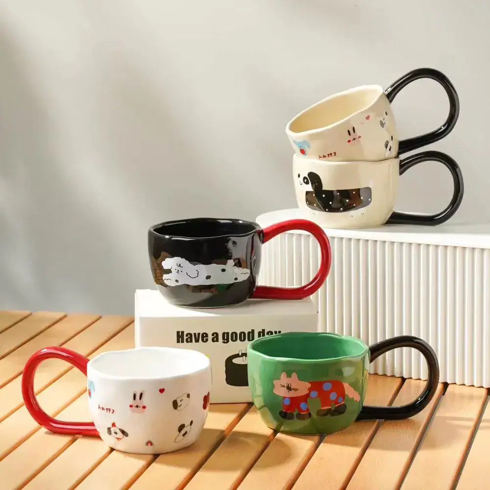 Cartoon big ear cup cream & black ceramic mug kitchen decor