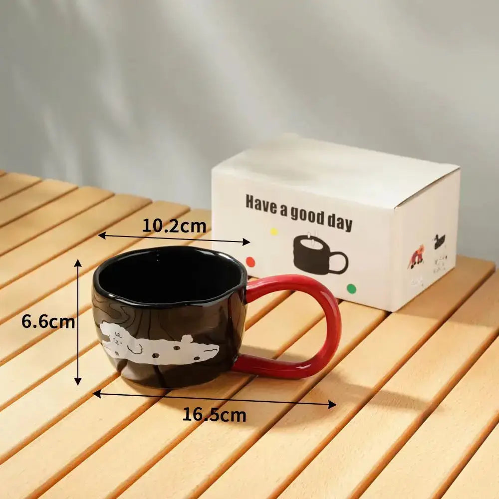 Cartoon big ear cup cream & black ceramic mug kitchen decor