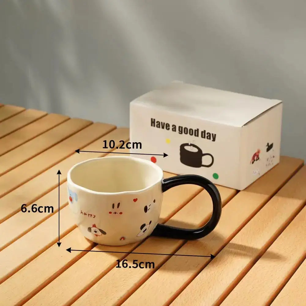 Cartoon big ear cup cream & black ceramic mug kitchen decor